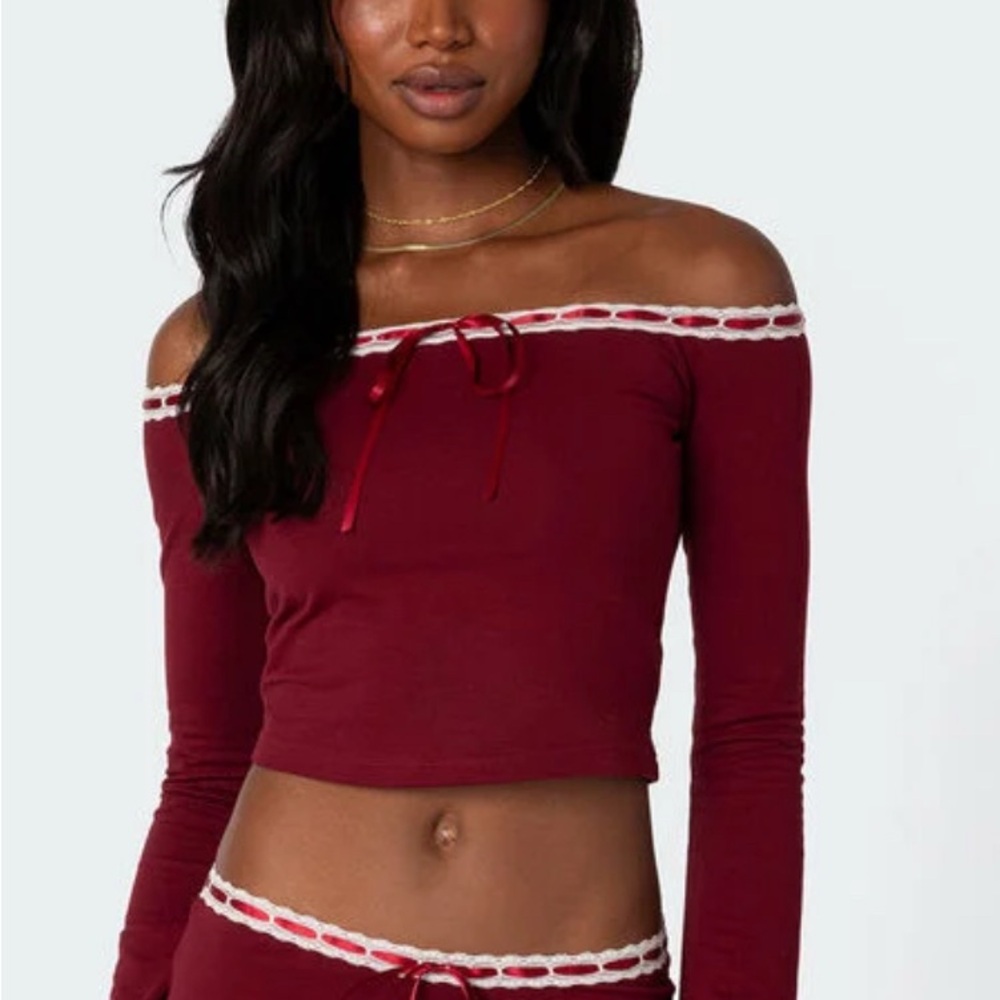 Edikted Selene Off-Shoulder Crop Top Burgundy Red Lace Trim Size M